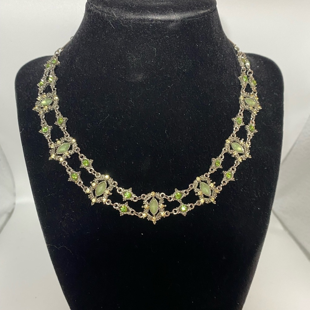 VCLM Fashion Costume Necklace - Green / Yellow Jewels with Silver Chain - Picture 2 of 5